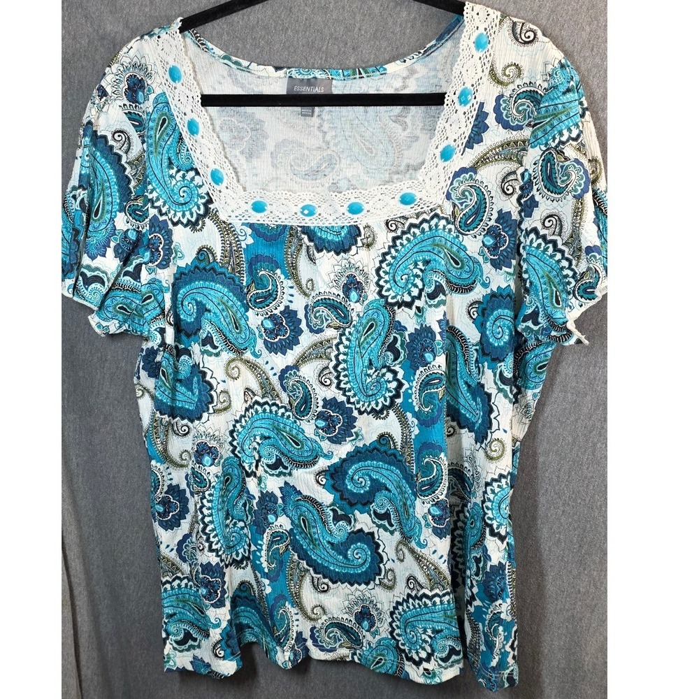Essentials‎ Paisley Top Blouse Shirt Plus Size 2X XX Blue Crochet Lace Beaded